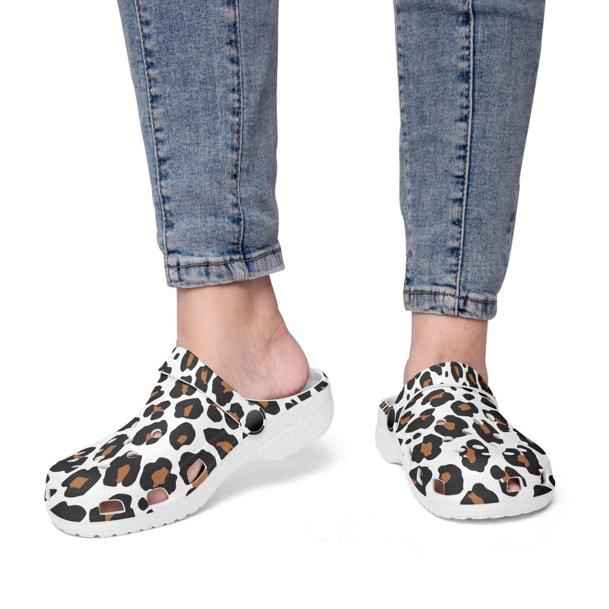 White leopard clogs