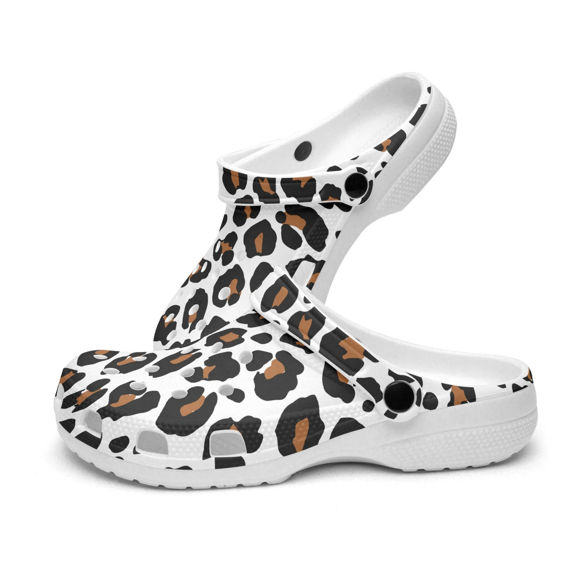 White leopard clogs