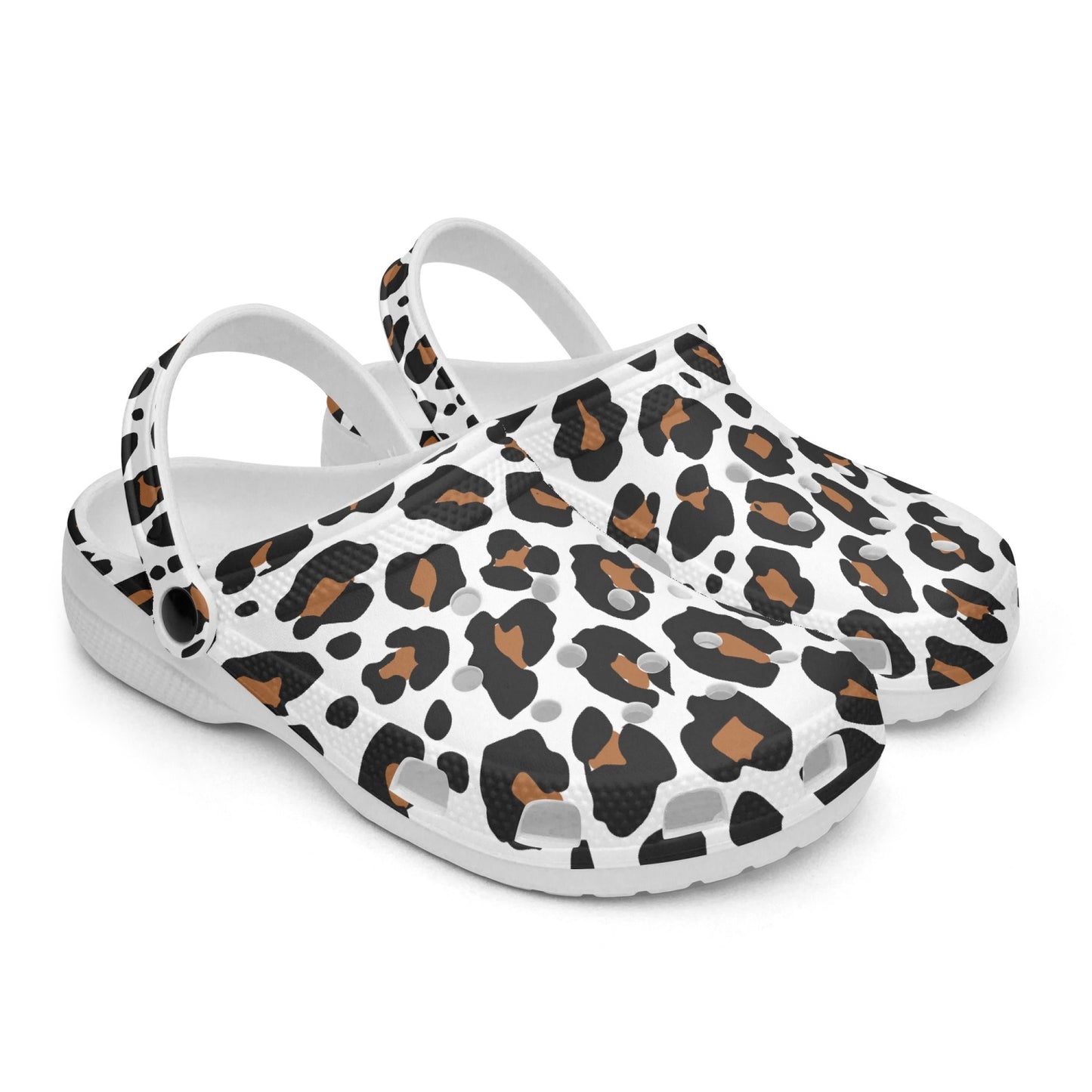 White leopard clogs