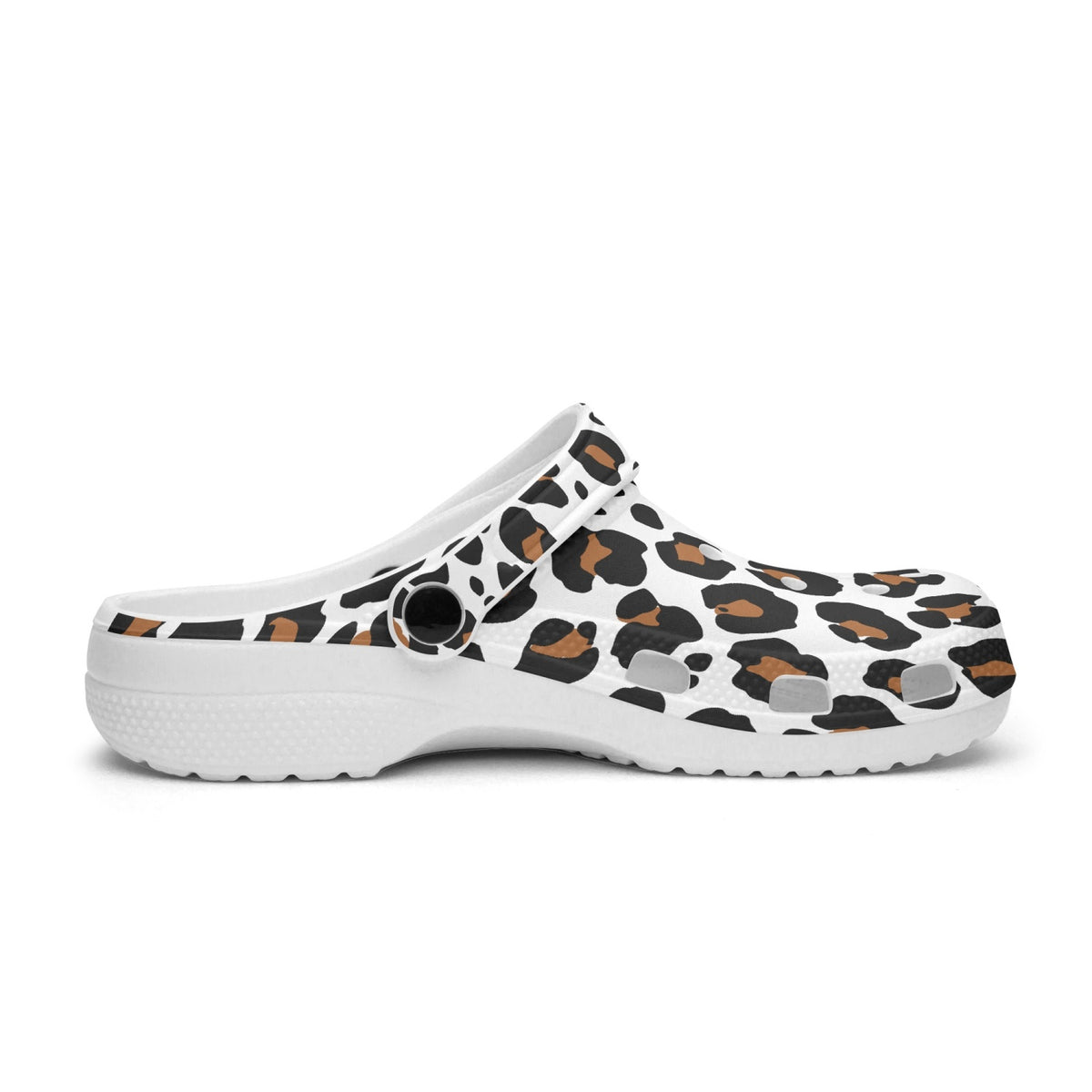 White leopard clogs