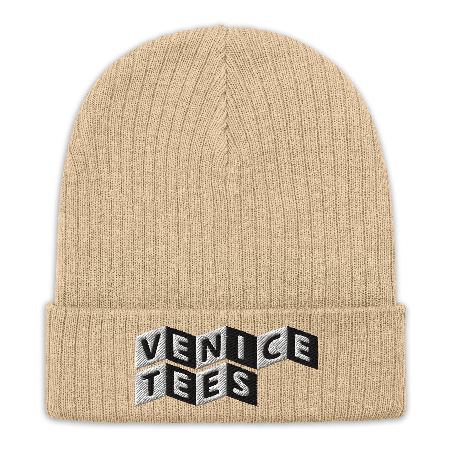 VENICE TEES LOGO BEIGE RIBBED KNIT BEANIE