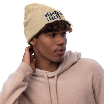 VENICE TEES LOGO BEIGE RIBBED KNIT BEANIE