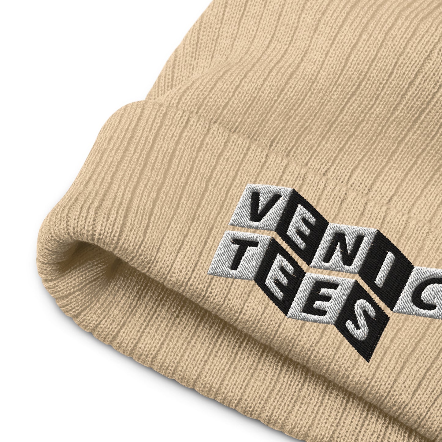 VENICE TEES LOGO BEIGE RIBBED KNIT BEANIE