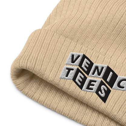 VENICE TEES LOGO BEIGE RIBBED KNIT BEANIE