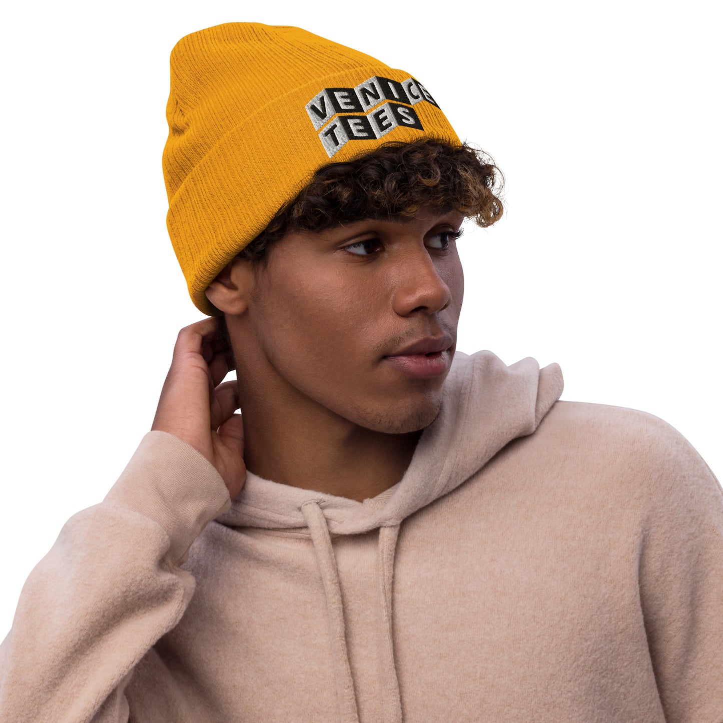 VENICE TEES LOGO MUSTARD RIBBED KNIT BEANIE